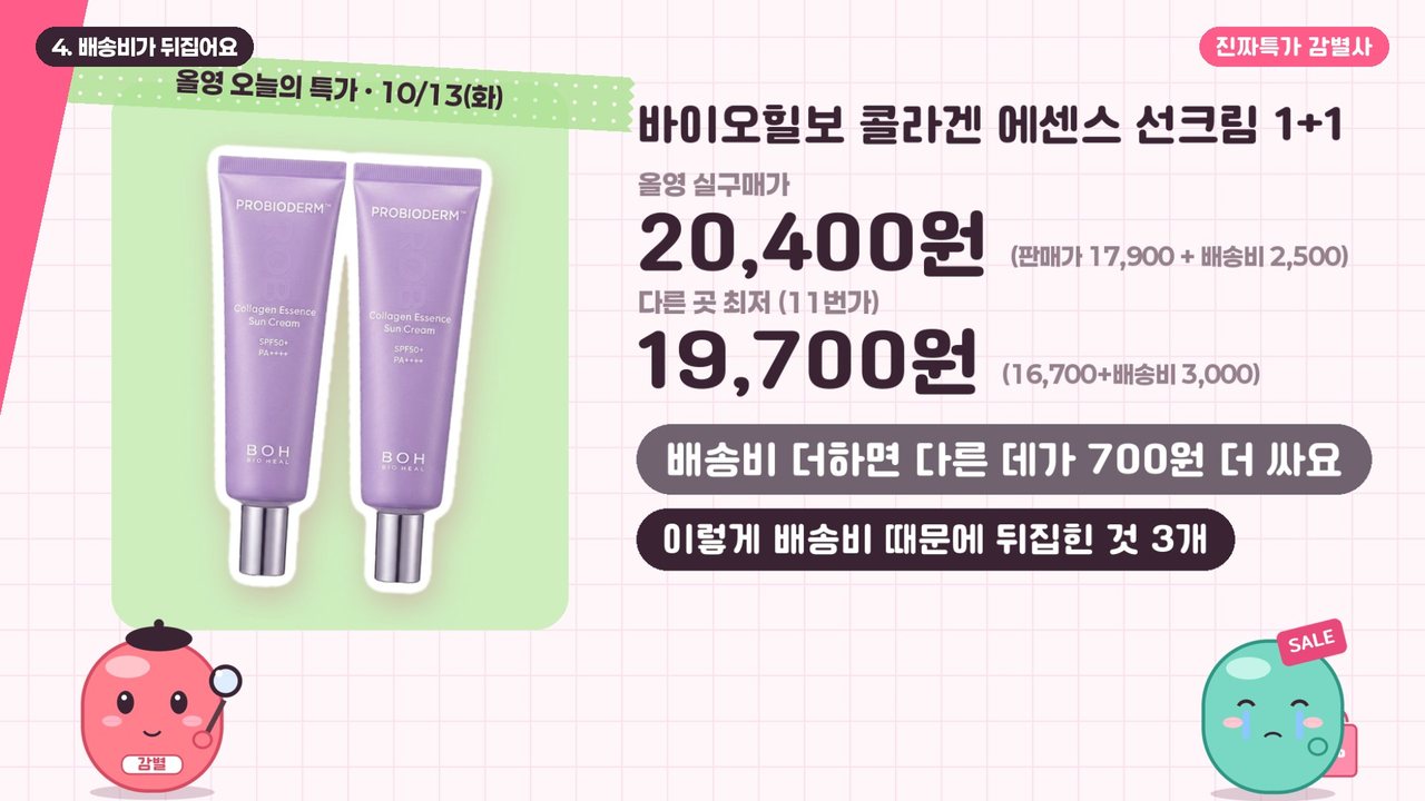 바이오힐보 콜라겐 에센스 선크림 1+1: 올영 실구매가 20,400원(17,900원+배송비 2,500원), 다른 곳 최저 19,700원