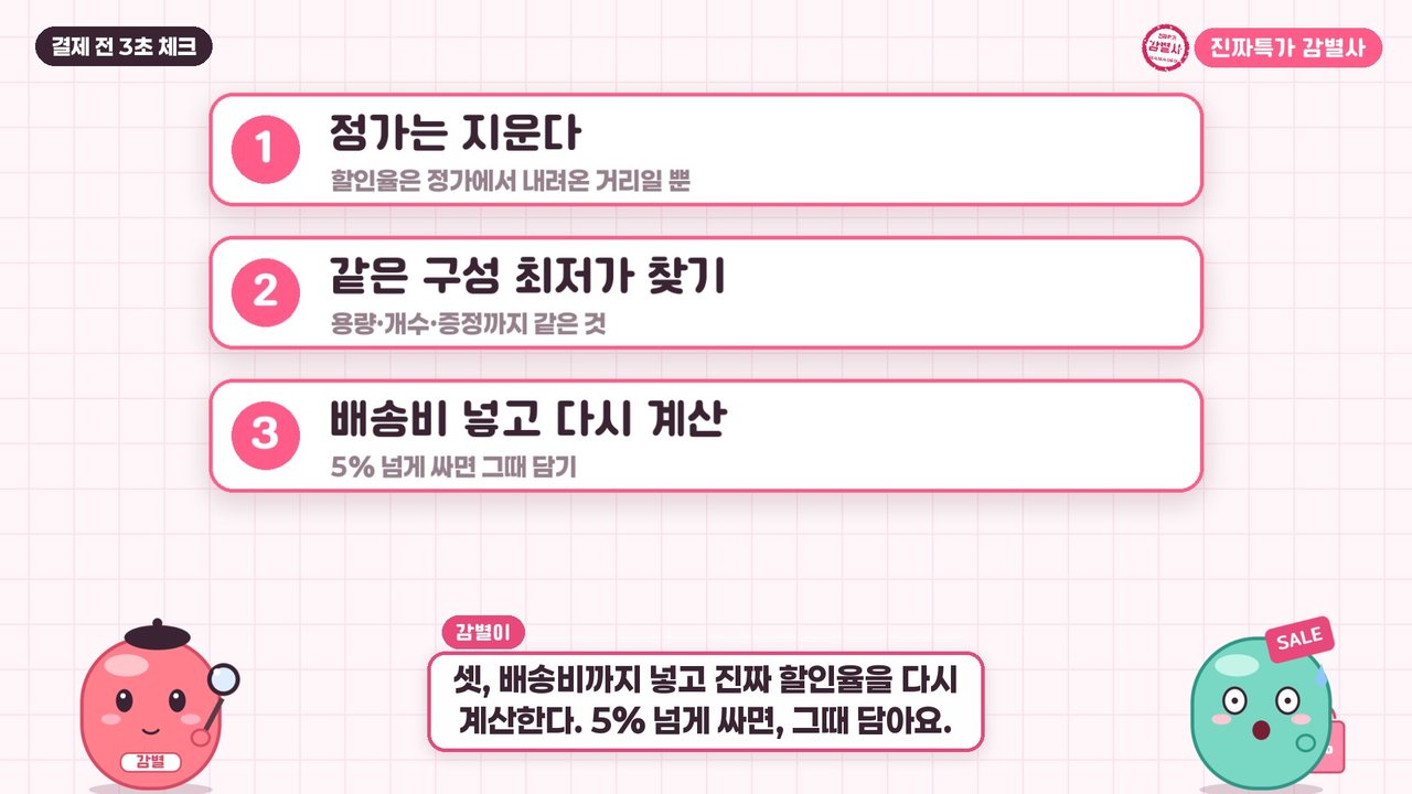결제 전 3초 체크: 정가는 지운다, 같은 구성 최저가 찾기, 배송비 넣고 다시 계산