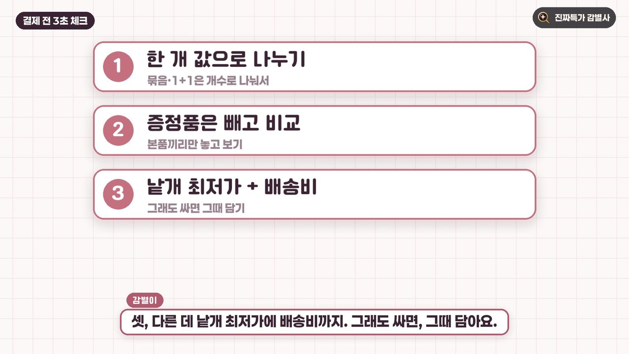 1+1·기획세트 결제 전 3초 체크: 한 개 값으로 나누기, 증정품은 빼고 비교, 낱개 최저가와 배송비
